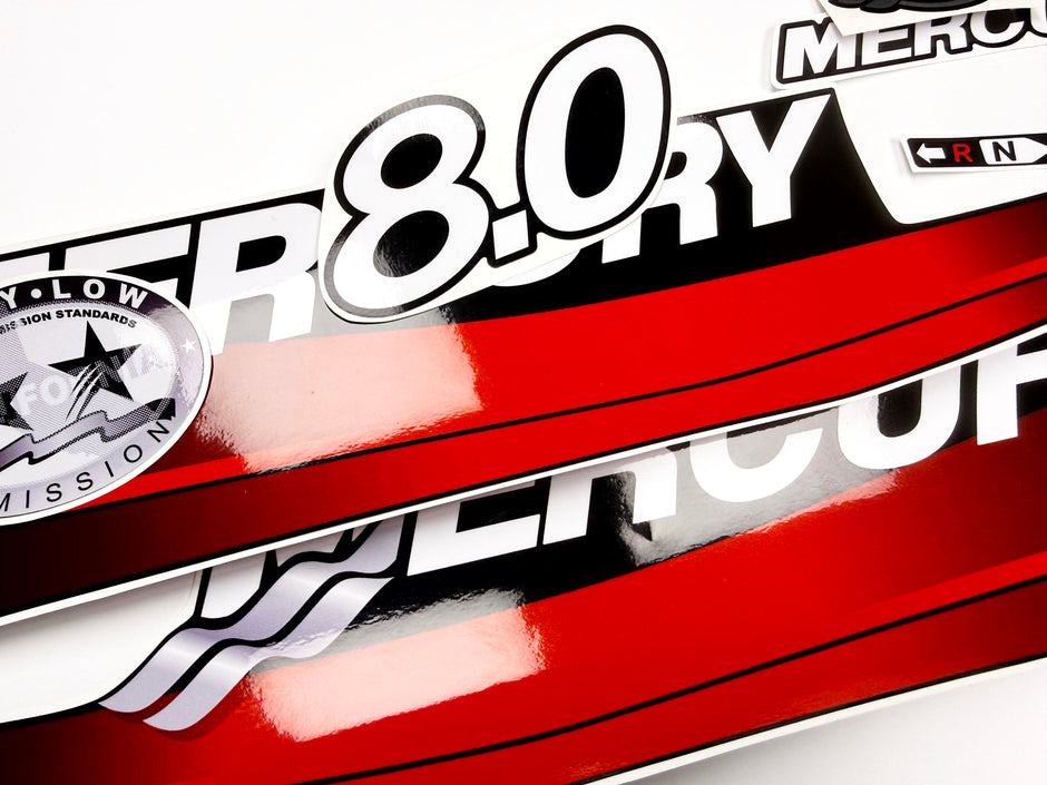 Vinyl graphic red decals set suitable for Mercury 8 hp two stroke outboard engine. Vinyl red stickers kit for Mercury 8 hp  Handmade