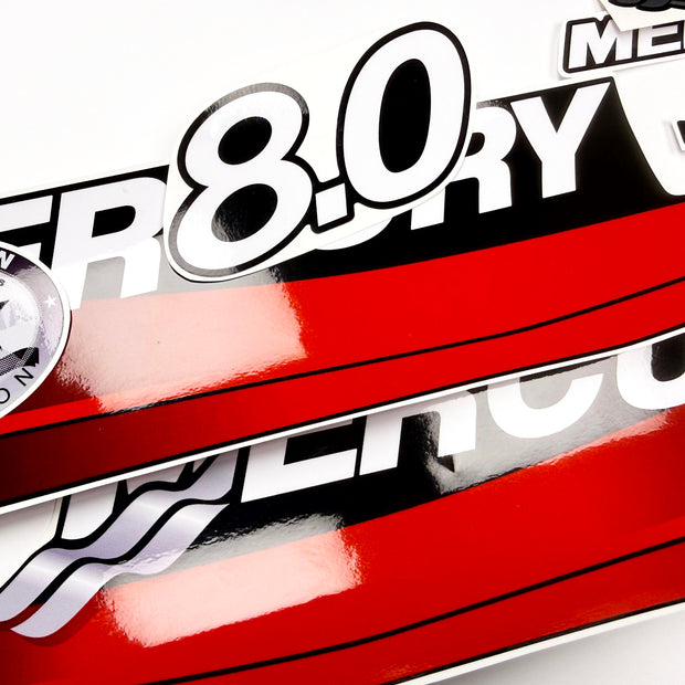 Vinyl graphic red decals set suitable for Mercury 8 hp two stroke outboard engine. Vinyl red stickers kit for Mercury 8 hp  Handmade