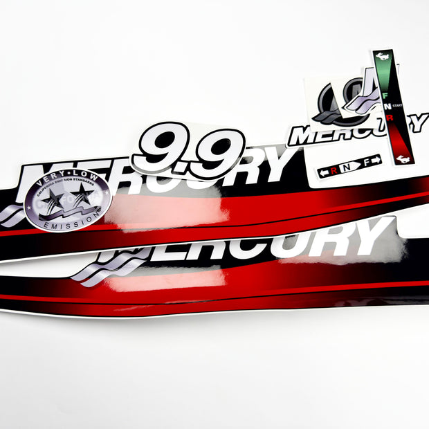 Vinyl graphic red decals set suitable for Mercury 9.9 hp two stroke outboard engine. Vinyl red stickers kit for Mercury 9.9 hp  Handmade