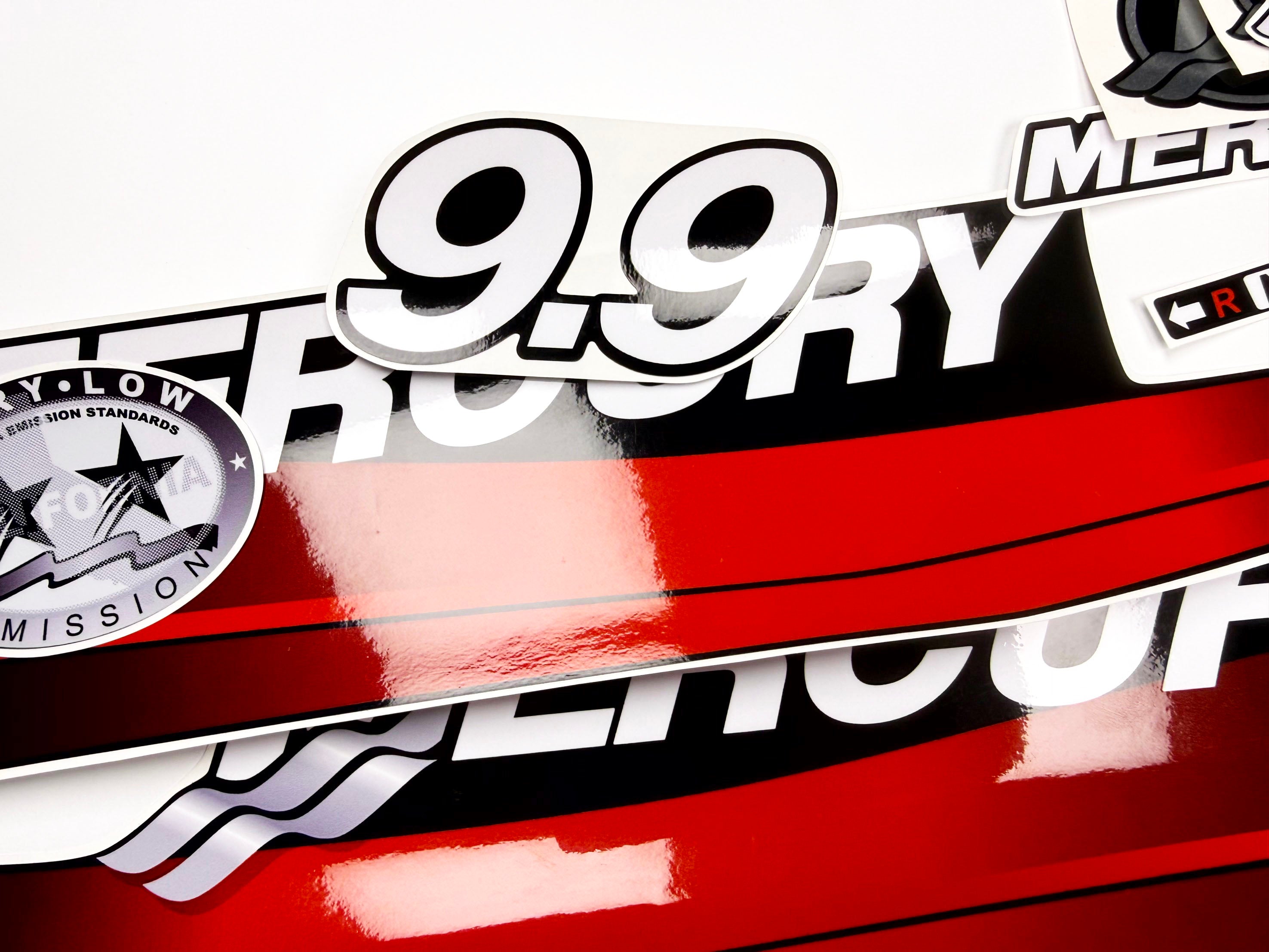 Vinyl graphic red decals set suitable for Mercury 9.9 hp two stroke outboard engine. Vinyl red stickers kit for Mercury 9.9 hp  Handmade