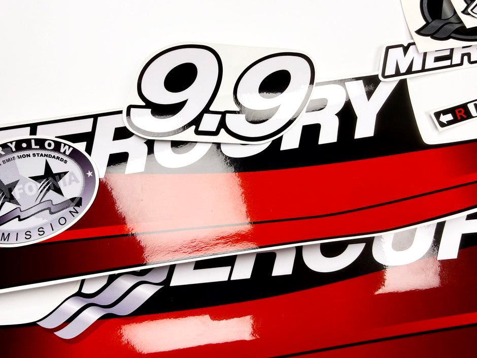 Vinyl graphic red decals set suitable for Mercury 9.9 hp two stroke outboard engine. Vinyl red stickers kit for Mercury 9.9 hp  Handmade