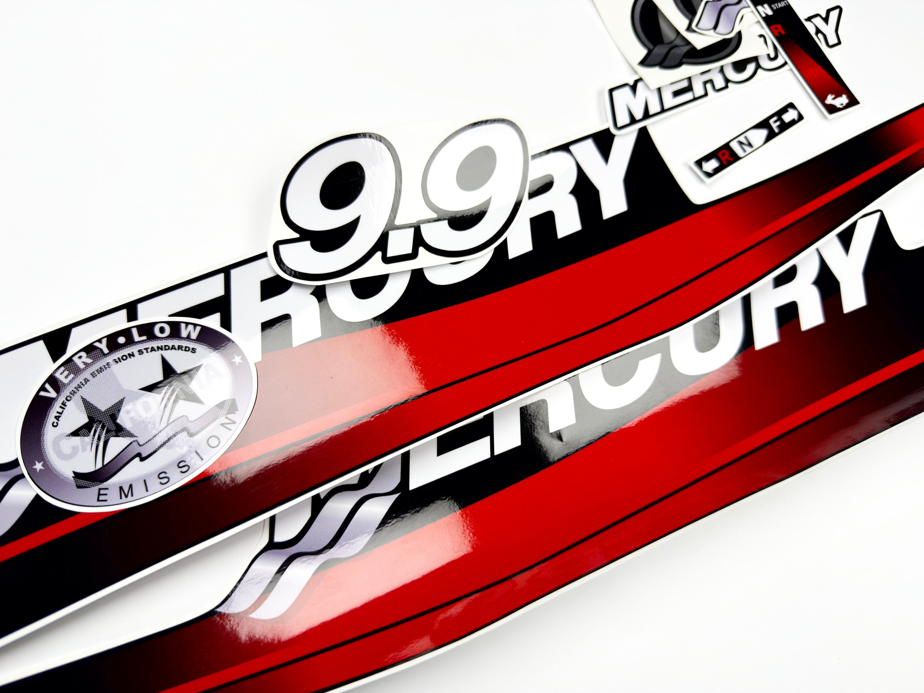 Vinyl graphic red decals set suitable for Mercury 9.9 hp two stroke outboard engine. Vinyl red stickers kit for Mercury 9.9 hp  Handmade