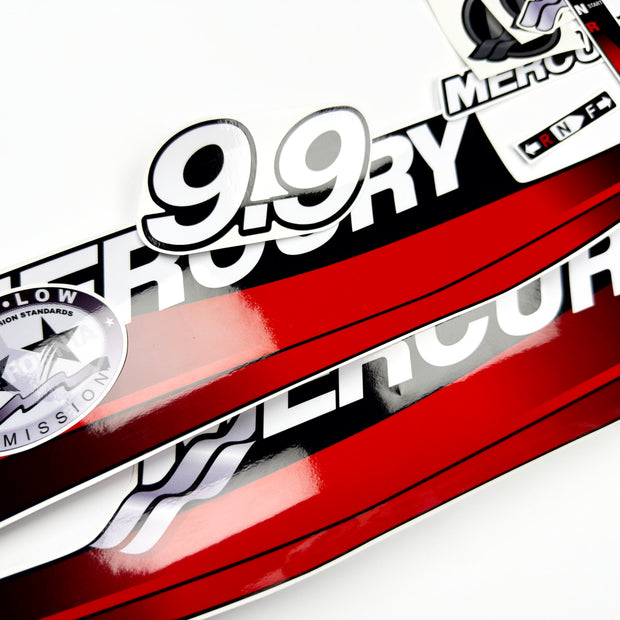 Vinyl graphic red decals set suitable for Mercury 9.9 hp two stroke outboard engine. Vinyl red stickers kit for Mercury 9.9 hp  Handmade