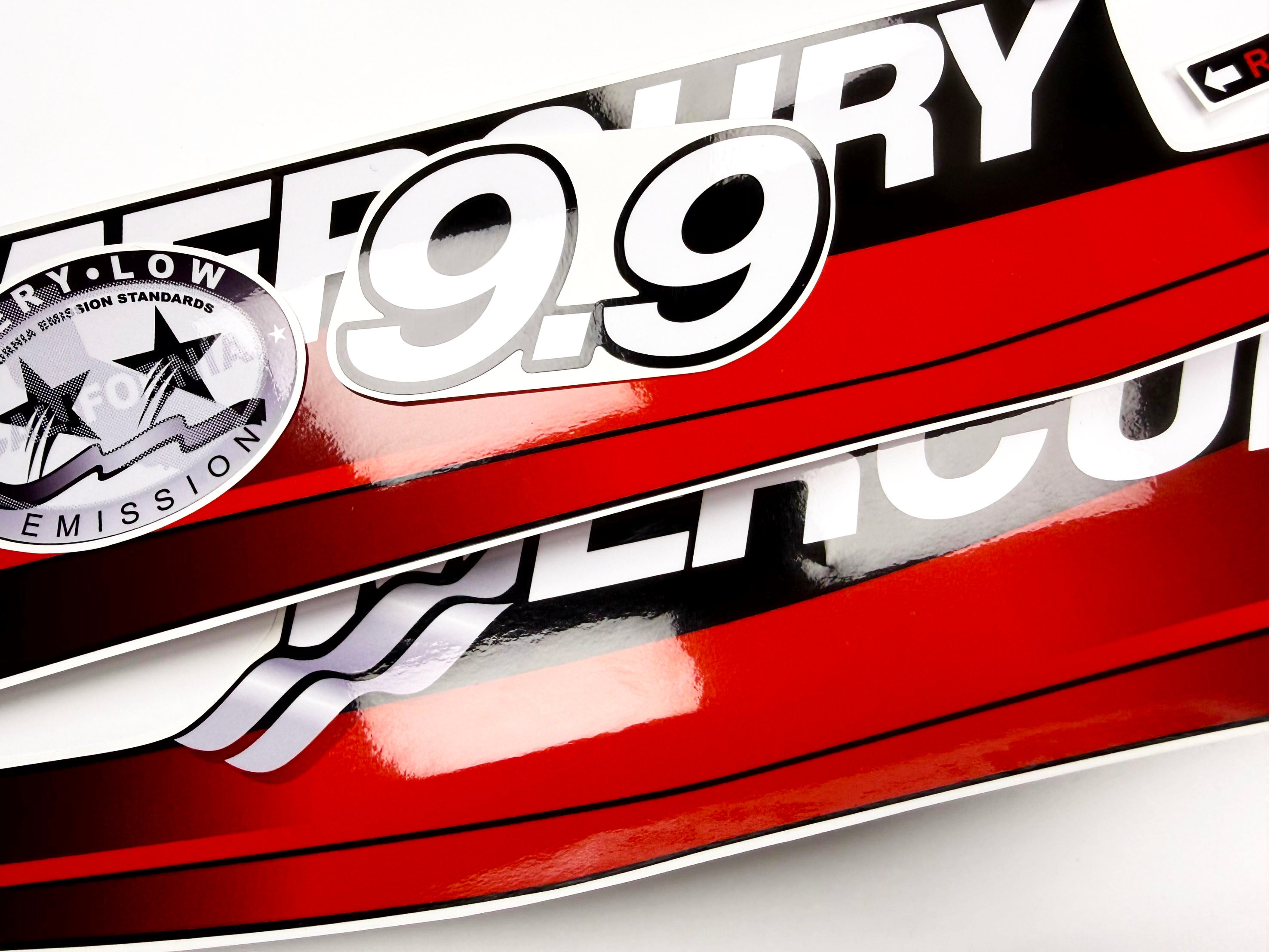 Vinyl graphic red decals set suitable for Mercury 9.9 hp two stroke outboard engine. Vinyl red stickers kit for Mercury 9.9 hp  Handmade
