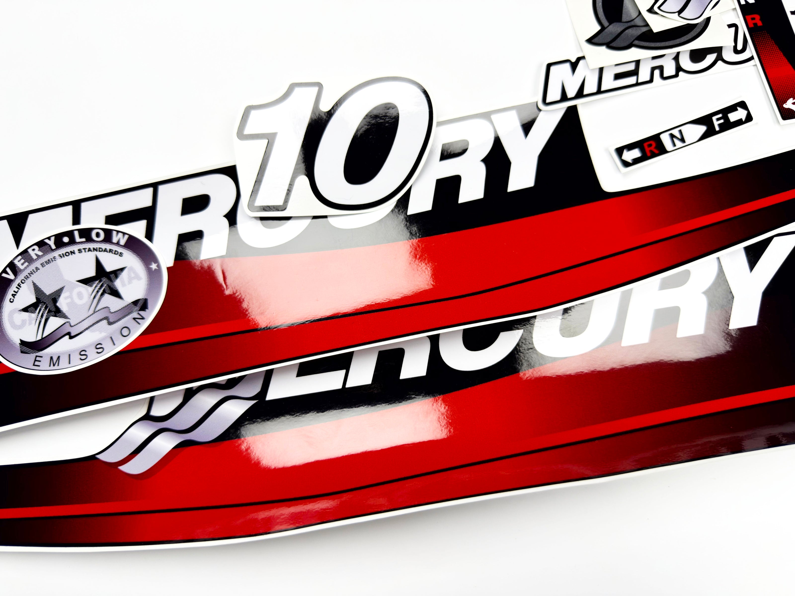 Vinyl graphic red decals set suitable for Mercury 10 hp two stroke outboard engine. Vinyl red stickers kit for Mercury 10 hp  Handmade