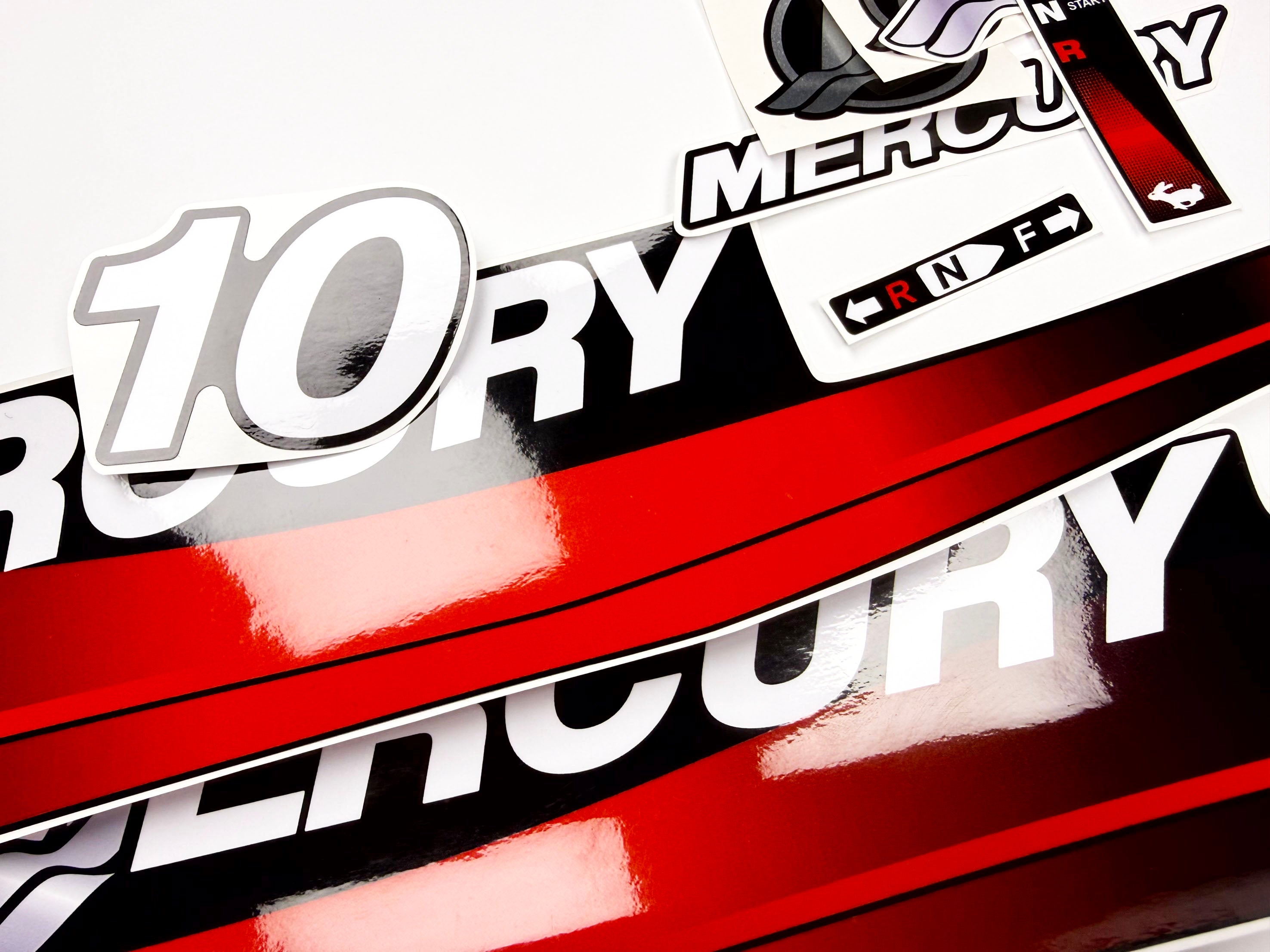 Vinyl graphic red decals set suitable for Mercury 10 hp two stroke outboard engine. Vinyl red stickers kit for Mercury 10 hp  Handmade