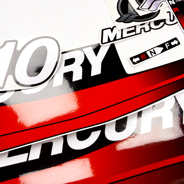 Vinyl graphic red decals set suitable for Mercury 10 hp two stroke outboard engine. Vinyl red stickers kit for Mercury 10 hp  Handmade