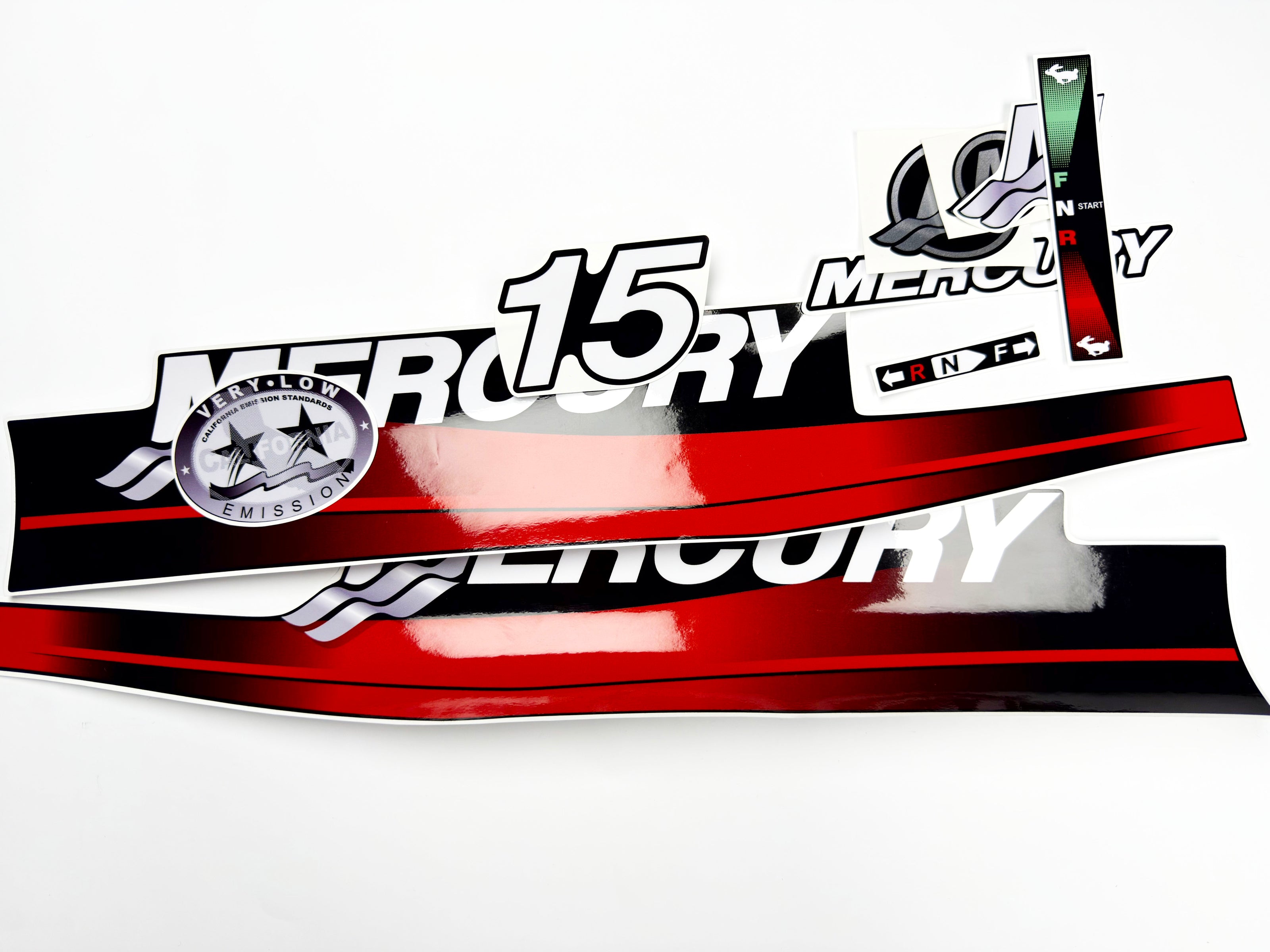 Vinyl graphic red decals set suitable for Mercury 15 hp two stroke outboard engine. Vinyl red stickers kit for Mercury 15 hp  Handmade