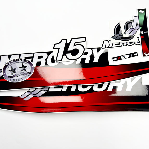 Vinyl graphic red decals set suitable for Mercury 15 hp two stroke outboard engine. Vinyl red stickers kit for Mercury 15 hp  Handmade