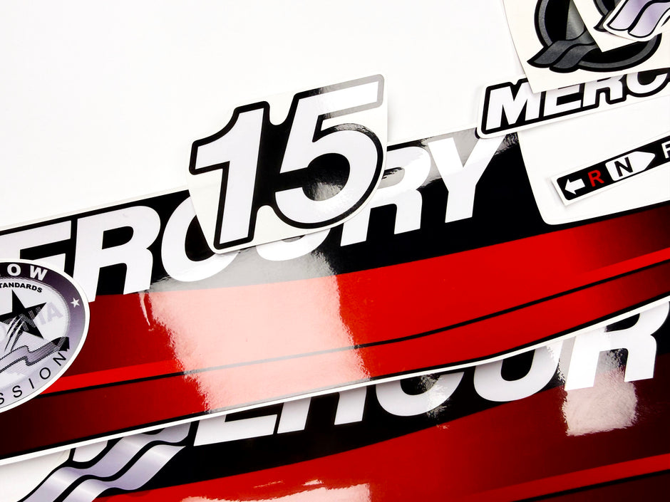 Vinyl graphic red decals set suitable for Mercury 15 hp two stroke outboard engine. Vinyl red stickers kit for Mercury 15 hp  Handmade