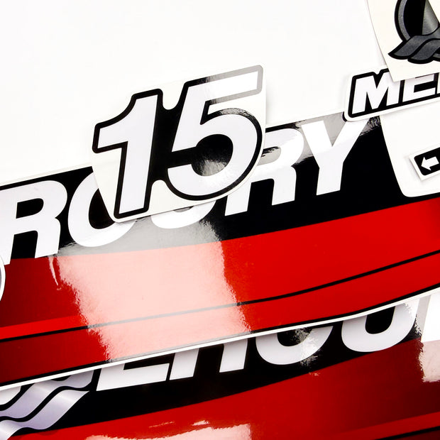 Vinyl graphic red decals set suitable for Mercury 15 hp two stroke outboard engine. Vinyl red stickers kit for Mercury 15 hp  Handmade