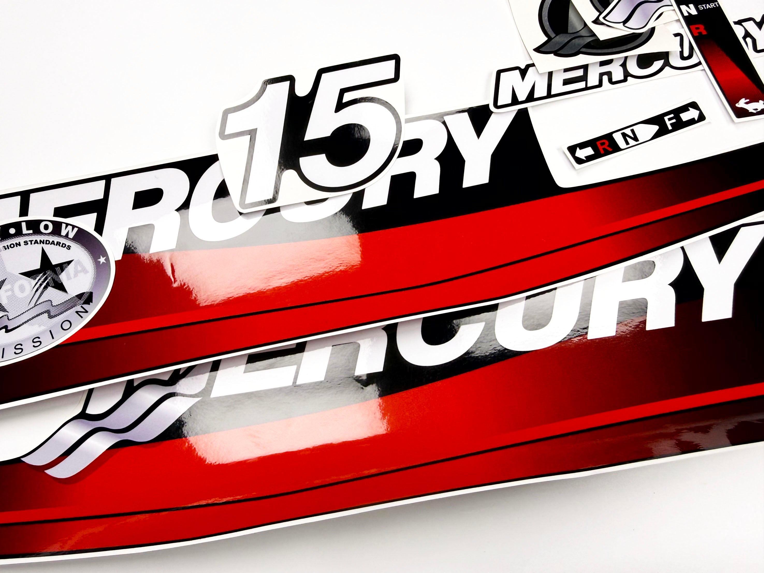 Vinyl graphic red decals set suitable for Mercury 15 hp two stroke outboard engine. Vinyl red stickers kit for Mercury 15 hp  Handmade