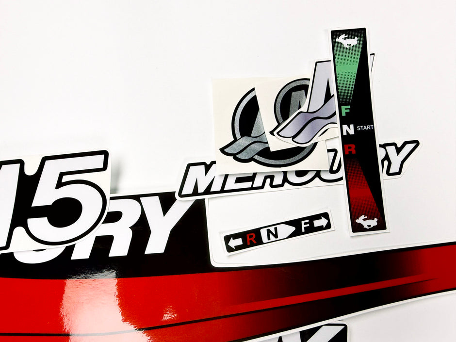 Vinyl graphic red decals set suitable for Mercury 15 hp two stroke outboard engine. Vinyl red stickers kit for Mercury 15 hp  Handmade