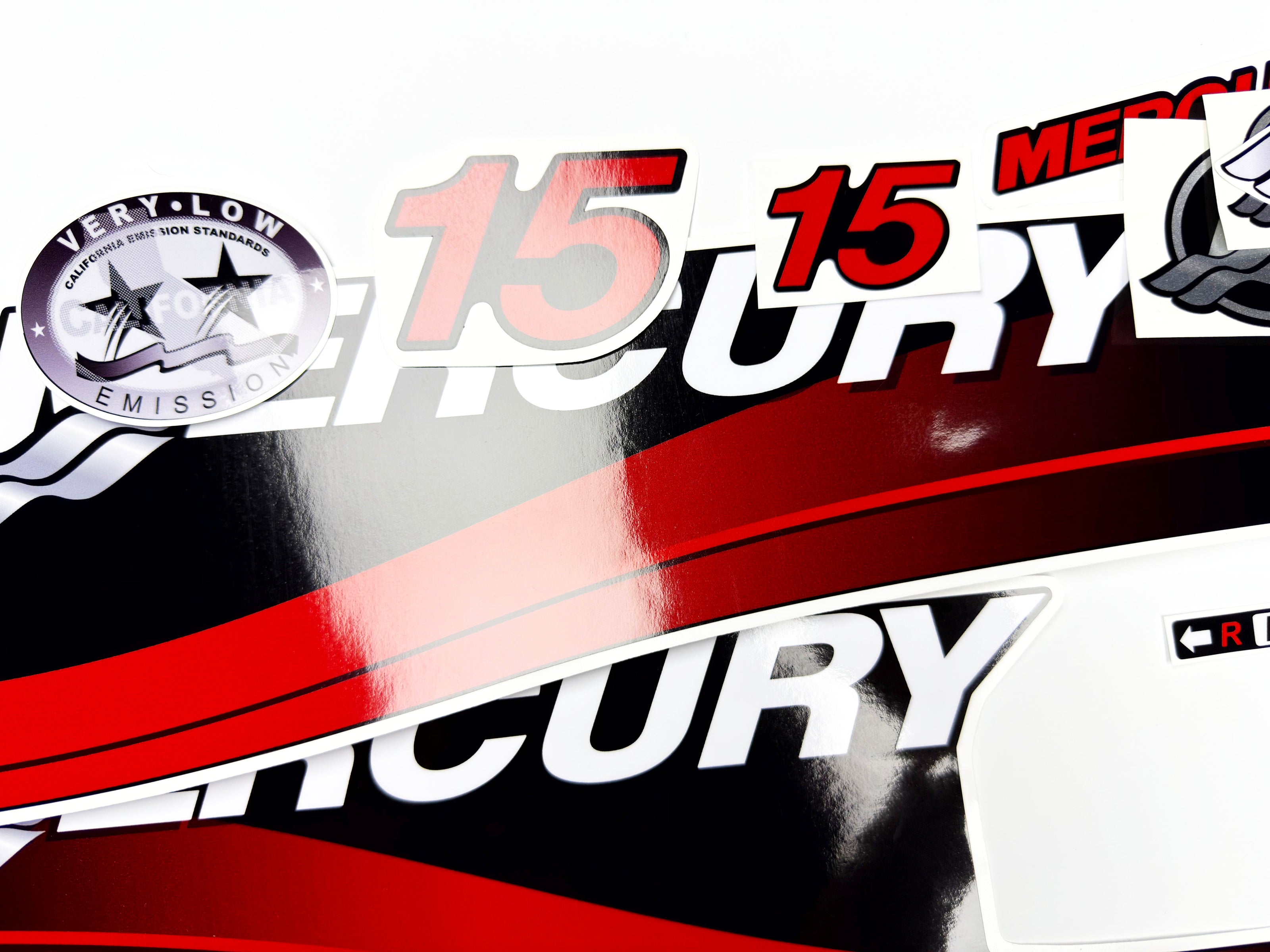 Vinyl graphic red decals set suitable for Mercury 15 hp two stroke outboard engine. Vinyl red stickers kit for Mercury 15 hp two stroke Handmade