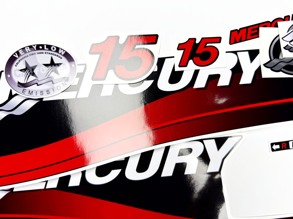 Vinyl graphic red decals set suitable for Mercury 15 hp two stroke outboard engine. Vinyl red stickers kit for Mercury 15 hp two stroke Handmade