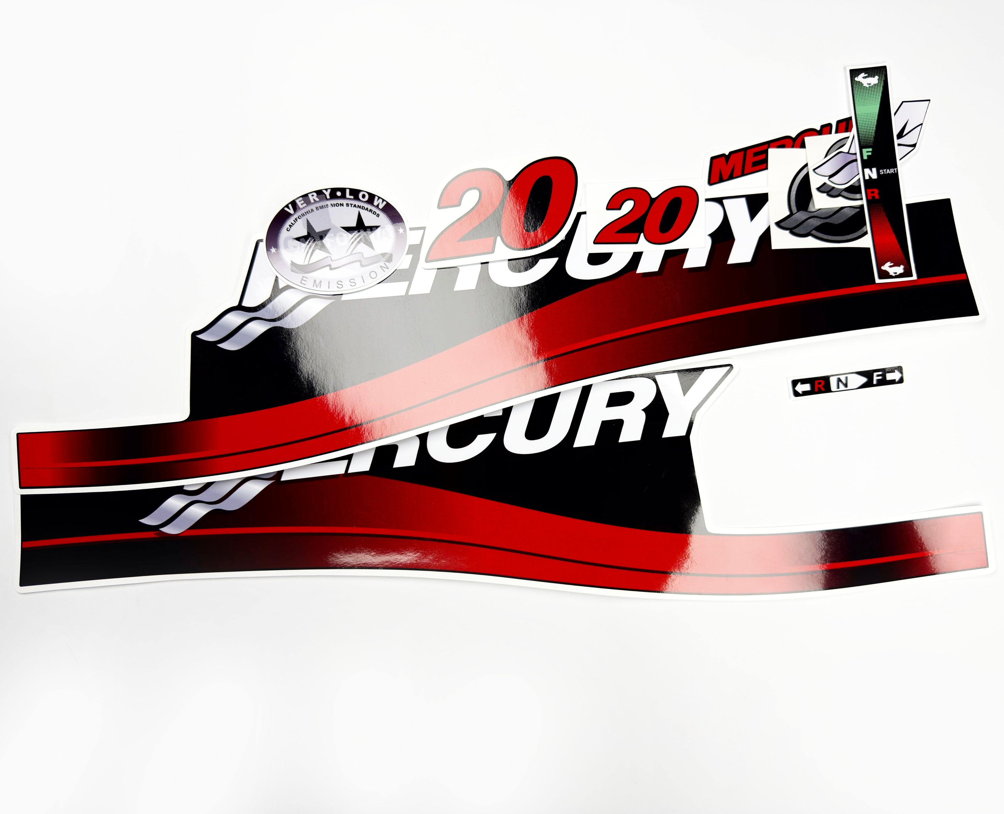 Vinyl graphic red decals set suitable for Mercury 20 hp two stroke outboard engine. Vinyl red stickers kit for Mercury 20 hp two stroke Handmade