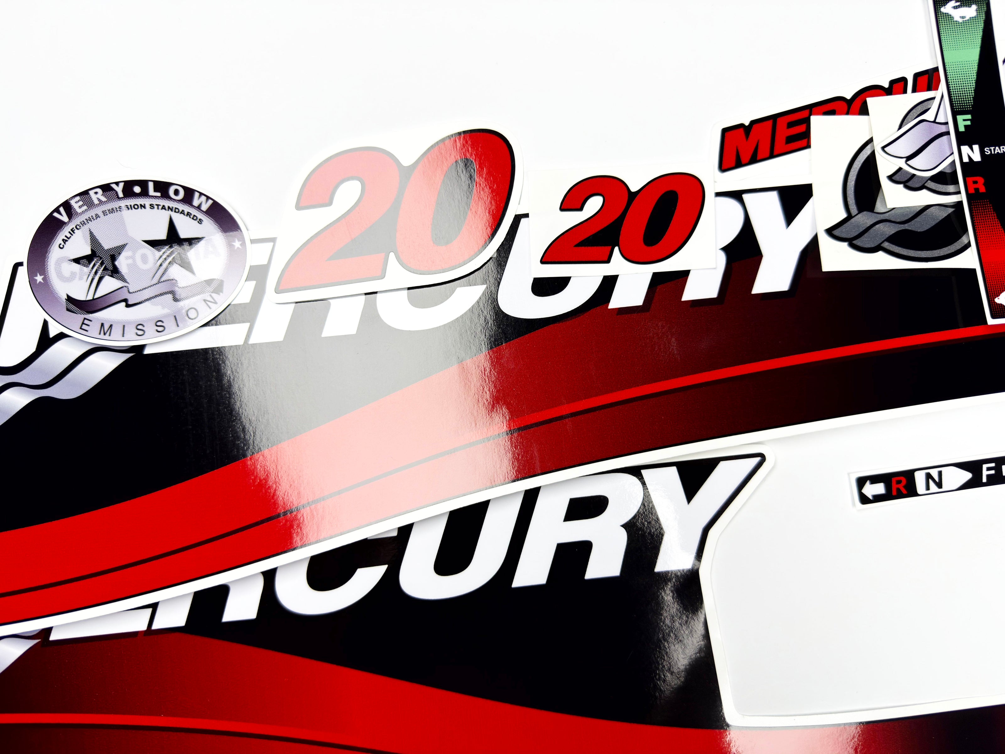 Vinyl graphic red decals set suitable for Mercury 20 hp two stroke outboard engine. Vinyl red stickers kit for Mercury 20 hp two stroke Handmade