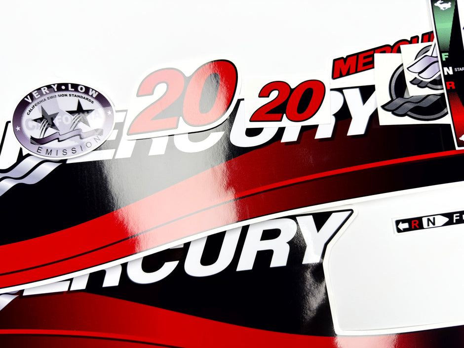Vinyl graphic red decals set suitable for Mercury 20 hp two stroke outboard engine. Vinyl red stickers kit for Mercury 20 hp two stroke Handmade