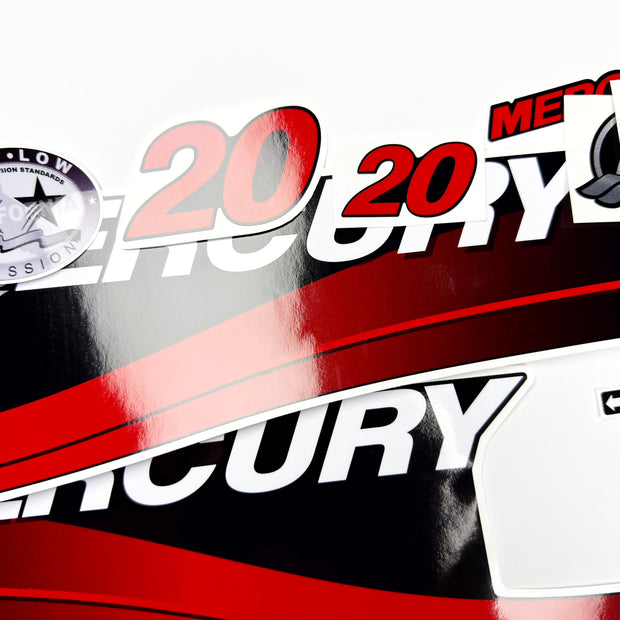 Vinyl graphic red decals set suitable for Mercury 20 hp two stroke outboard engine. Vinyl red stickers kit for Mercury 20 hp two stroke Handmade