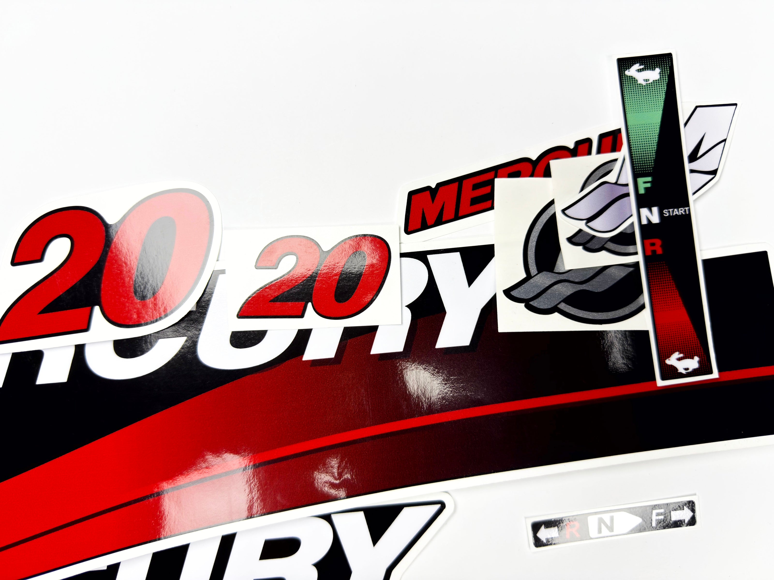 Vinyl graphic red decals set suitable for Mercury 20 hp two stroke outboard engine. Vinyl red stickers kit for Mercury 20 hp two stroke Handmade