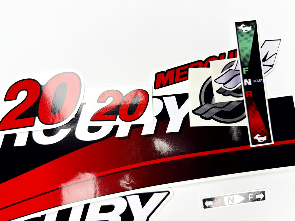 Vinyl graphic red decals set suitable for Mercury 20 hp two stroke outboard engine. Vinyl red stickers kit for Mercury 20 hp two stroke Handmade