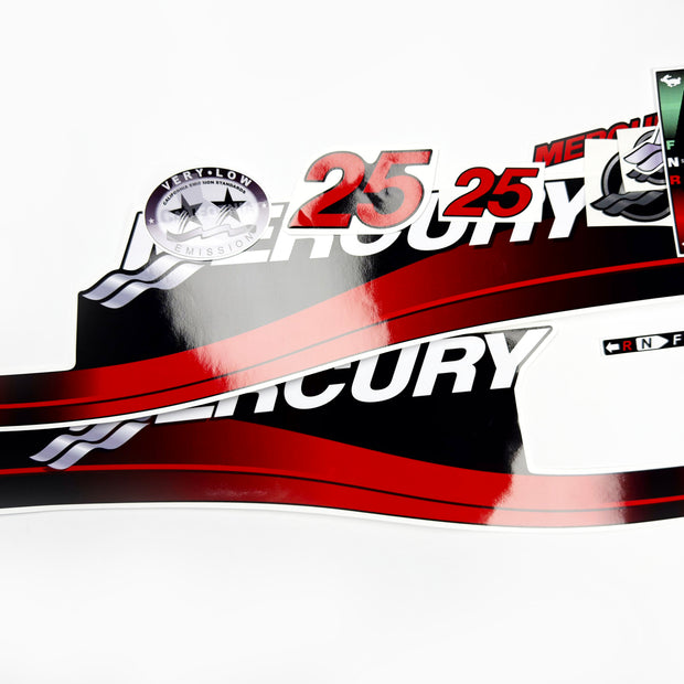 Vinyl graphic red decals set suitable for Mercury 25 hp two stroke outboard engine. Vinyl red stickers kit for Mercury 25 hp two stroke Handmade