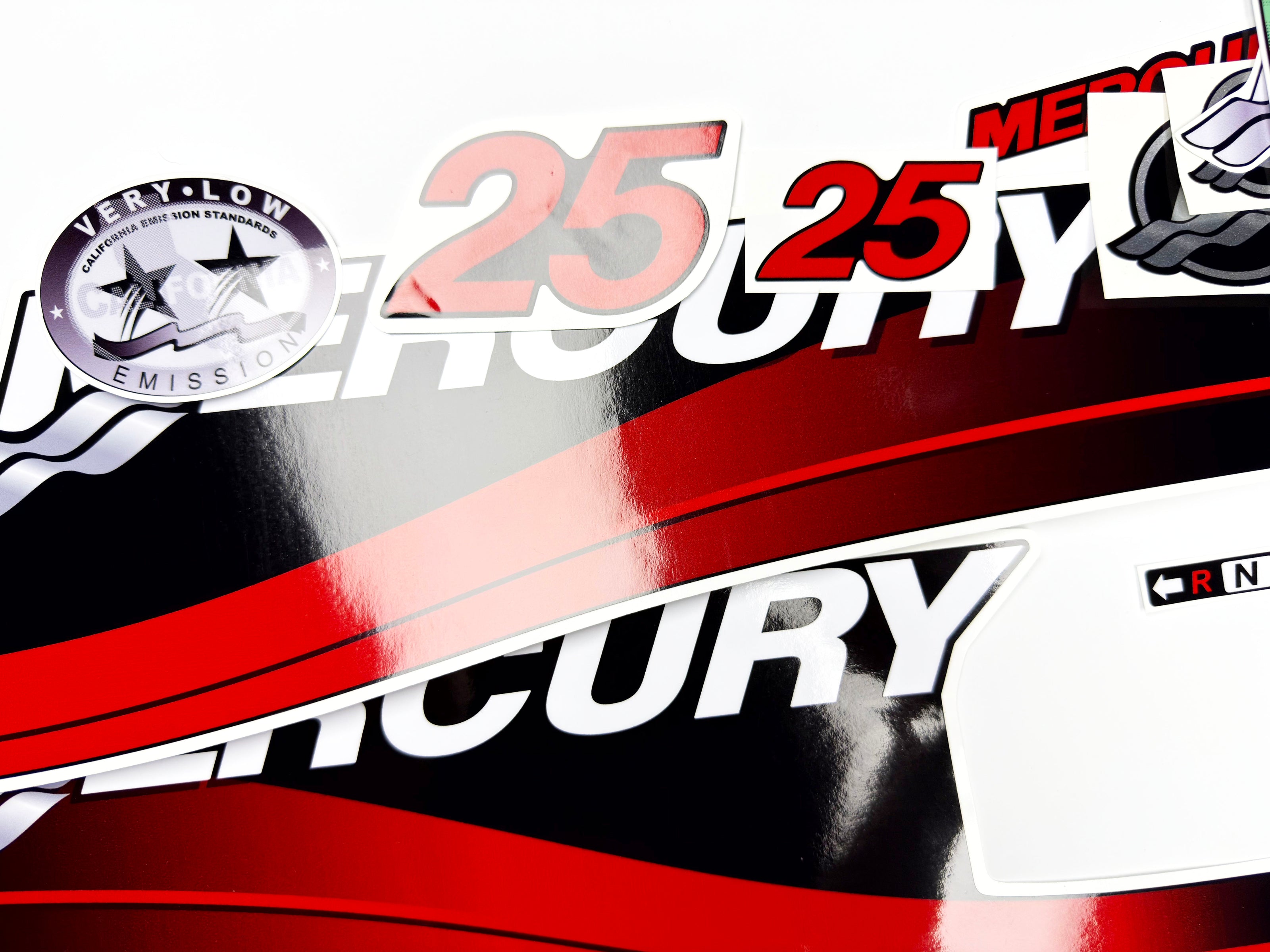 Vinyl graphic red decals set suitable for Mercury 25 hp two stroke outboard engine. Vinyl red stickers kit for Mercury 25 hp two stroke Handmade