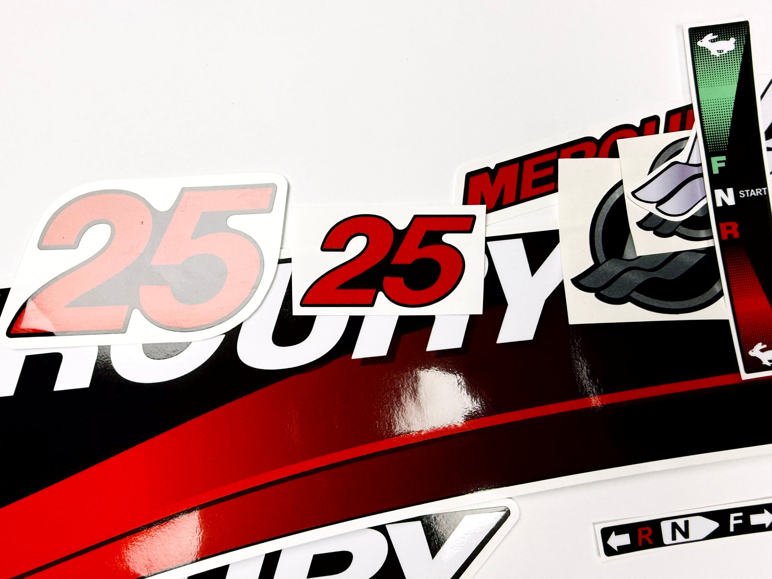 Vinyl graphic red decals set suitable for Mercury 25 hp two stroke outboard engine. Vinyl red stickers kit for Mercury 25 hp two stroke Handmade