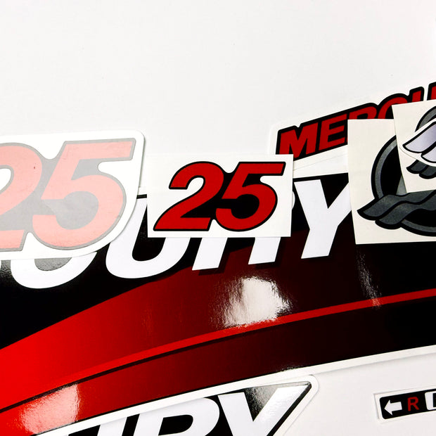 Vinyl graphic red decals set suitable for Mercury 25 hp two stroke outboard engine. Vinyl red stickers kit for Mercury 25 hp two stroke Handmade