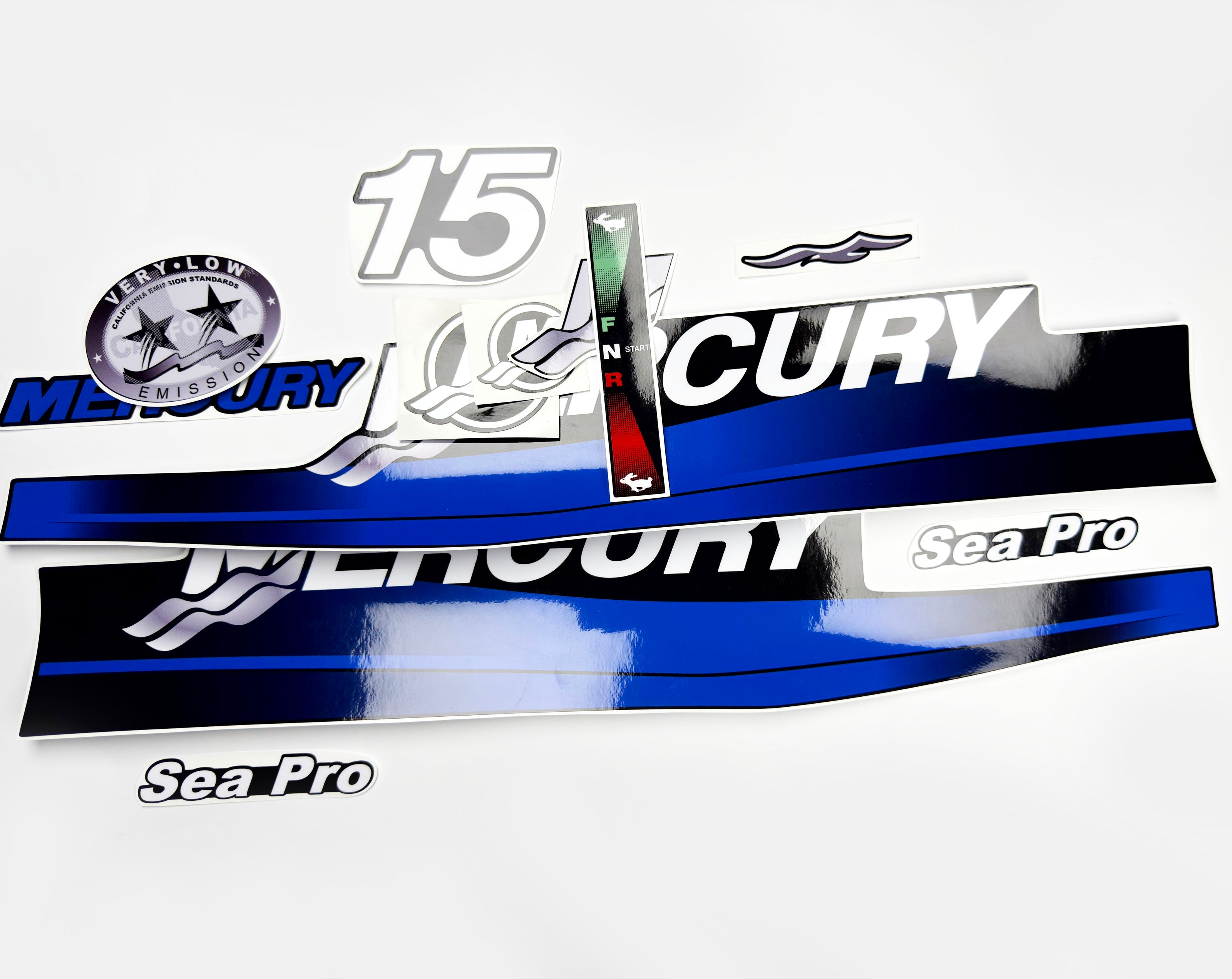 Vinyl graphic blue decals set suitable for Mercury 15 hp two stroke outboard engine. Vinyl blue stickers kit for Mercury 15 hp  Handmade