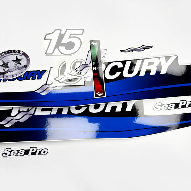 Vinyl graphic blue decals set suitable for Mercury 15 hp two stroke outboard engine. Vinyl blue stickers kit for Mercury 15 hp  Handmade