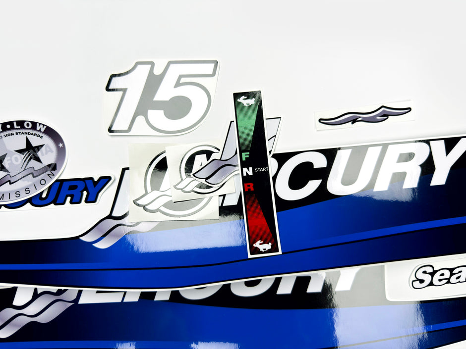 Vinyl graphic blue decals set suitable for Mercury 15 hp two stroke outboard engine. Vinyl blue stickers kit for Mercury 15 hp  Handmade