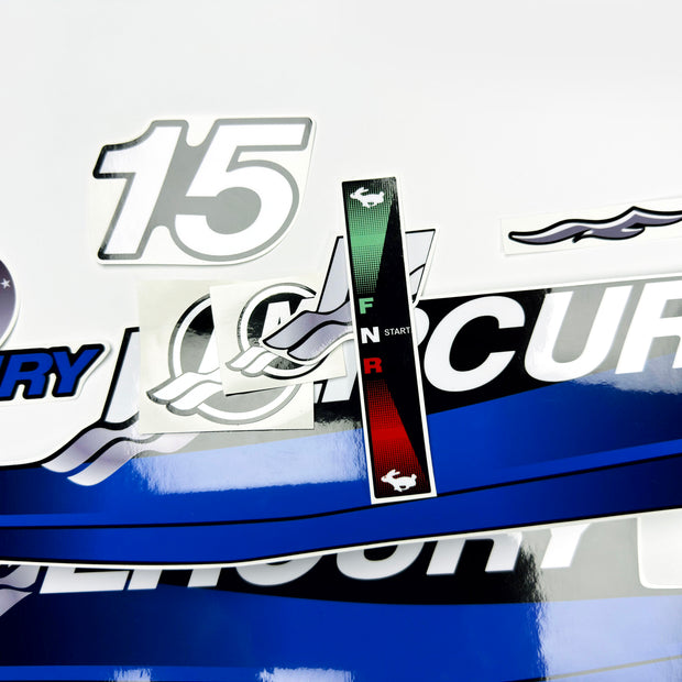 Vinyl graphic blue decals set suitable for Mercury 15 hp two stroke outboard engine. Vinyl blue stickers kit for Mercury 15 hp  Handmade