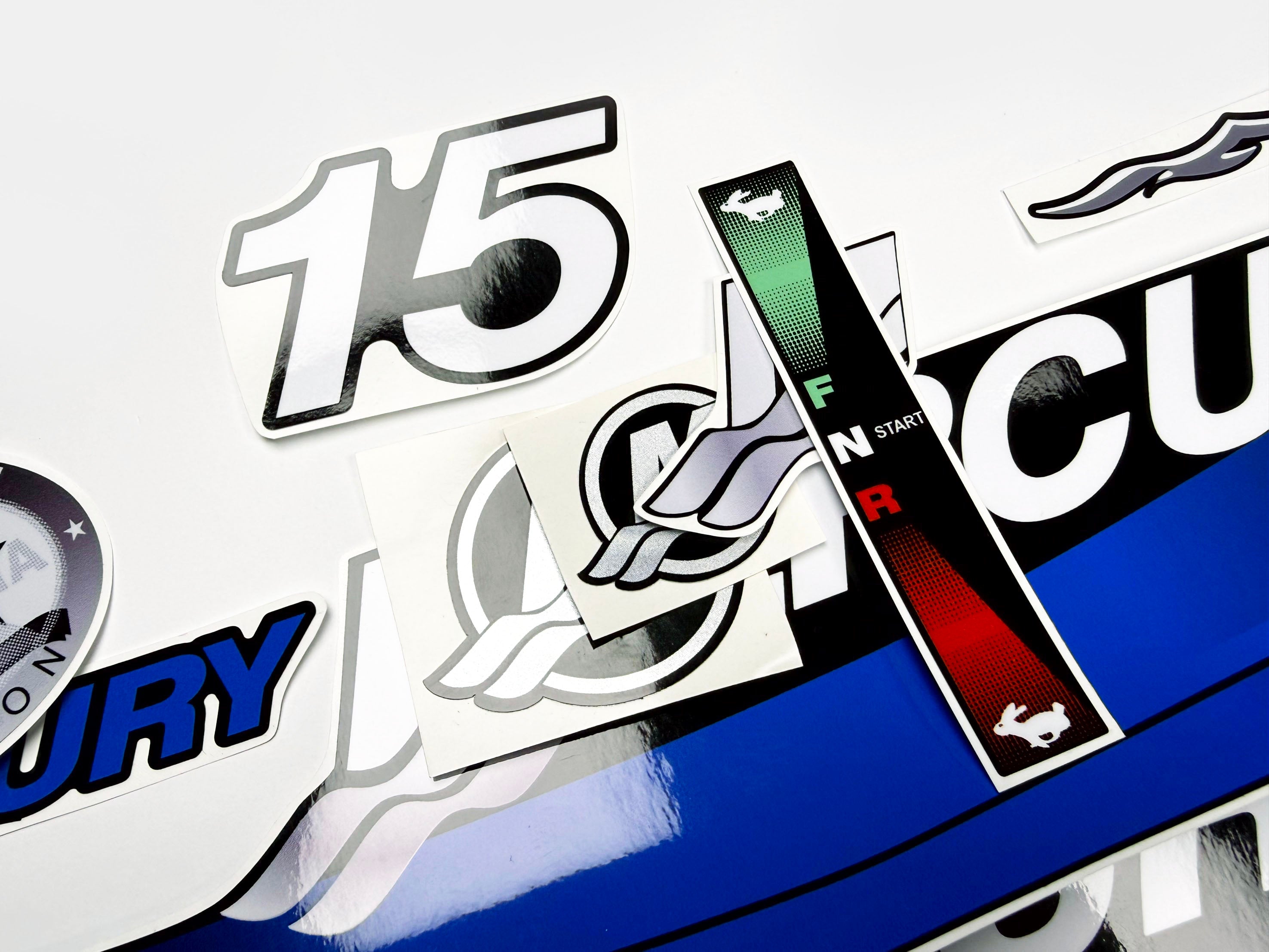 Vinyl graphic blue decals set suitable for Mercury 15 hp two stroke outboard engine. Vinyl blue stickers kit for Mercury 15 hp  Handmade