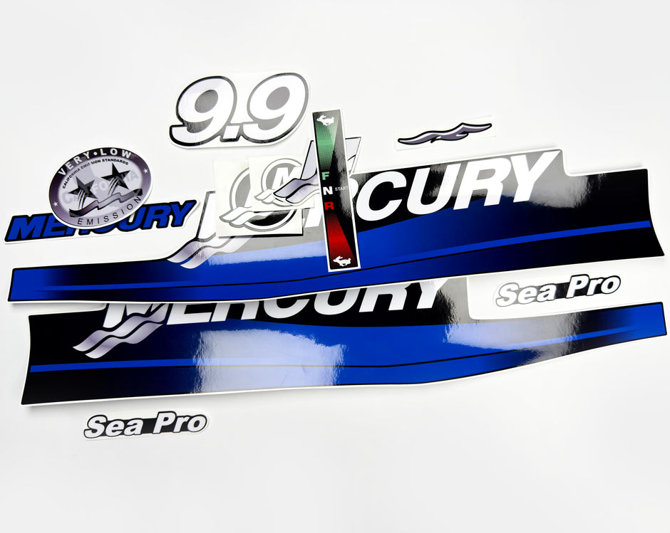 Vinyl graphic blue decals set suitable for Mercury 9.9 hp two stroke outboard engine. Vinyl blue stickers kit for Mercury 9.9 hp  Handmade