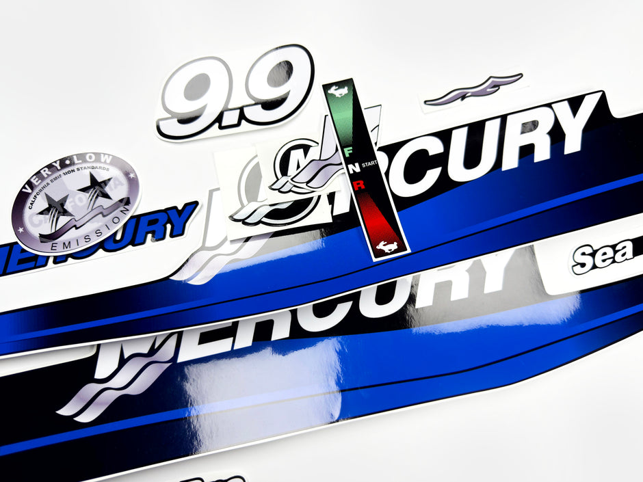 Vinyl graphic blue decals set suitable for Mercury 9.9 hp two stroke outboard engine. Vinyl blue stickers kit for Mercury 9.9 hp  Handmade