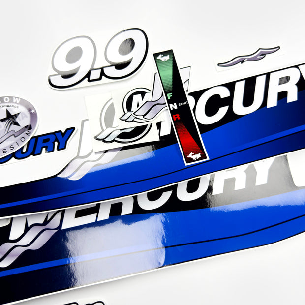 Vinyl graphic blue decals set suitable for Mercury 9.9 hp two stroke outboard engine. Vinyl blue stickers kit for Mercury 9.9 hp  Handmade