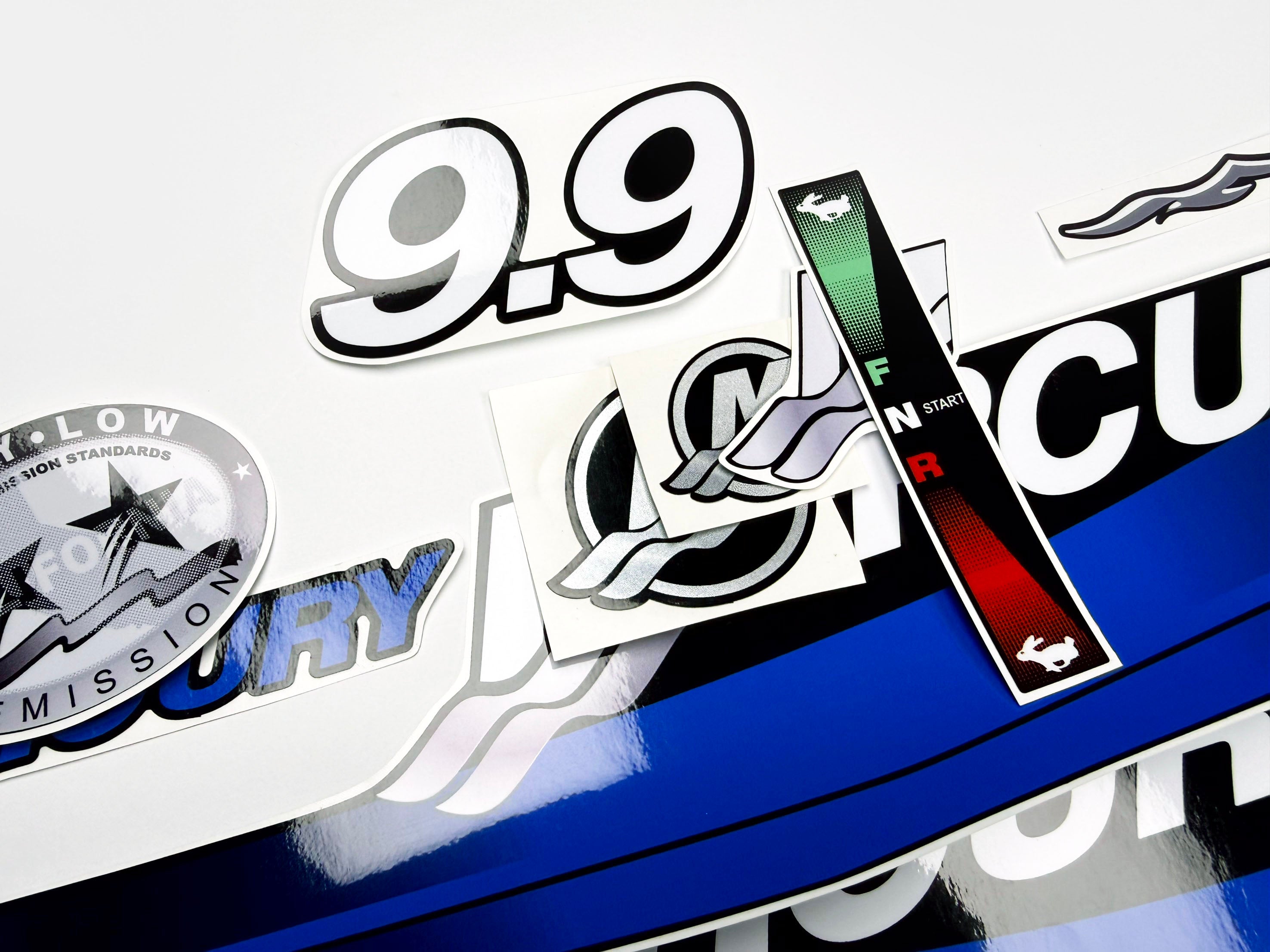 Vinyl graphic blue decals set suitable for Mercury 9.9 hp two stroke outboard engine. Vinyl blue stickers kit for Mercury 9.9 hp  Handmade