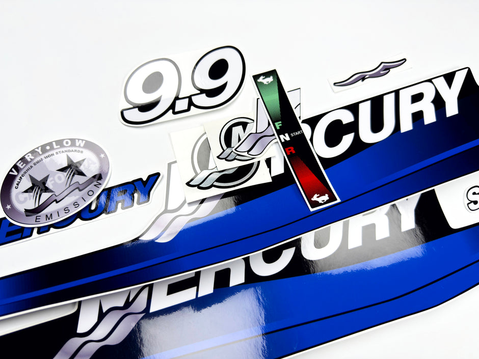 Vinyl graphic blue decals set suitable for Mercury 9.9 hp two stroke outboard engine. Vinyl blue stickers kit for Mercury 9.9 hp  Handmade