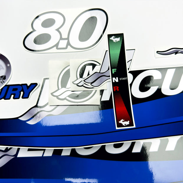 Vinyl graphic blue decals set suitable for Mercury 8 hp two stroke outboard engine. Vinyl blue stickers kit for Mercury 8 hp  Handmade