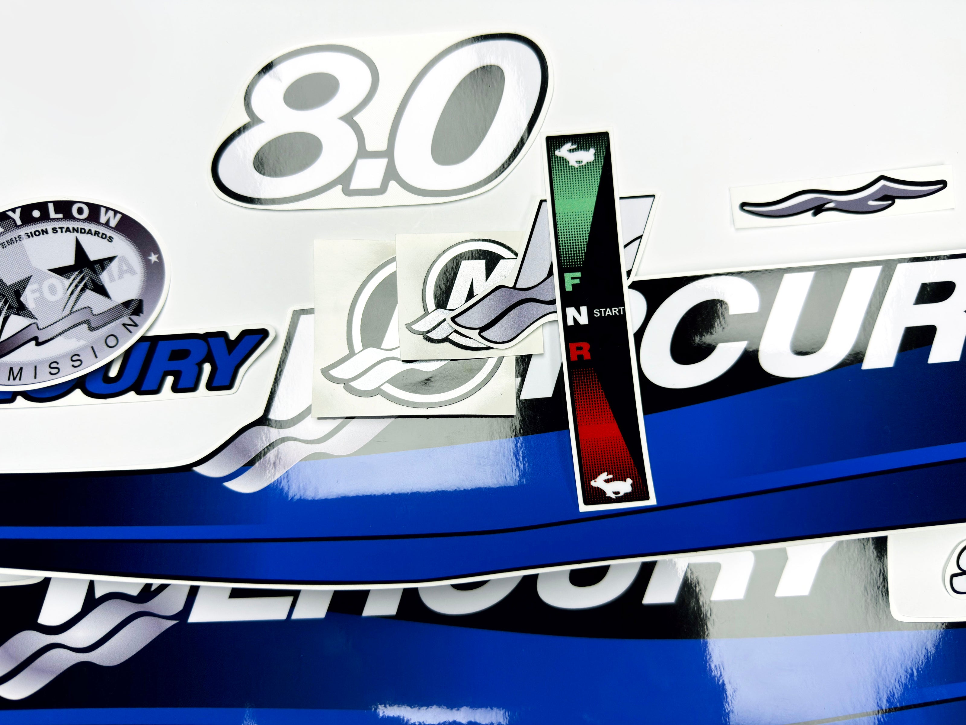 Vinyl graphic blue decals set suitable for Mercury 8 hp two stroke outboard engine. Vinyl blue stickers kit for Mercury 8 hp  Handmade