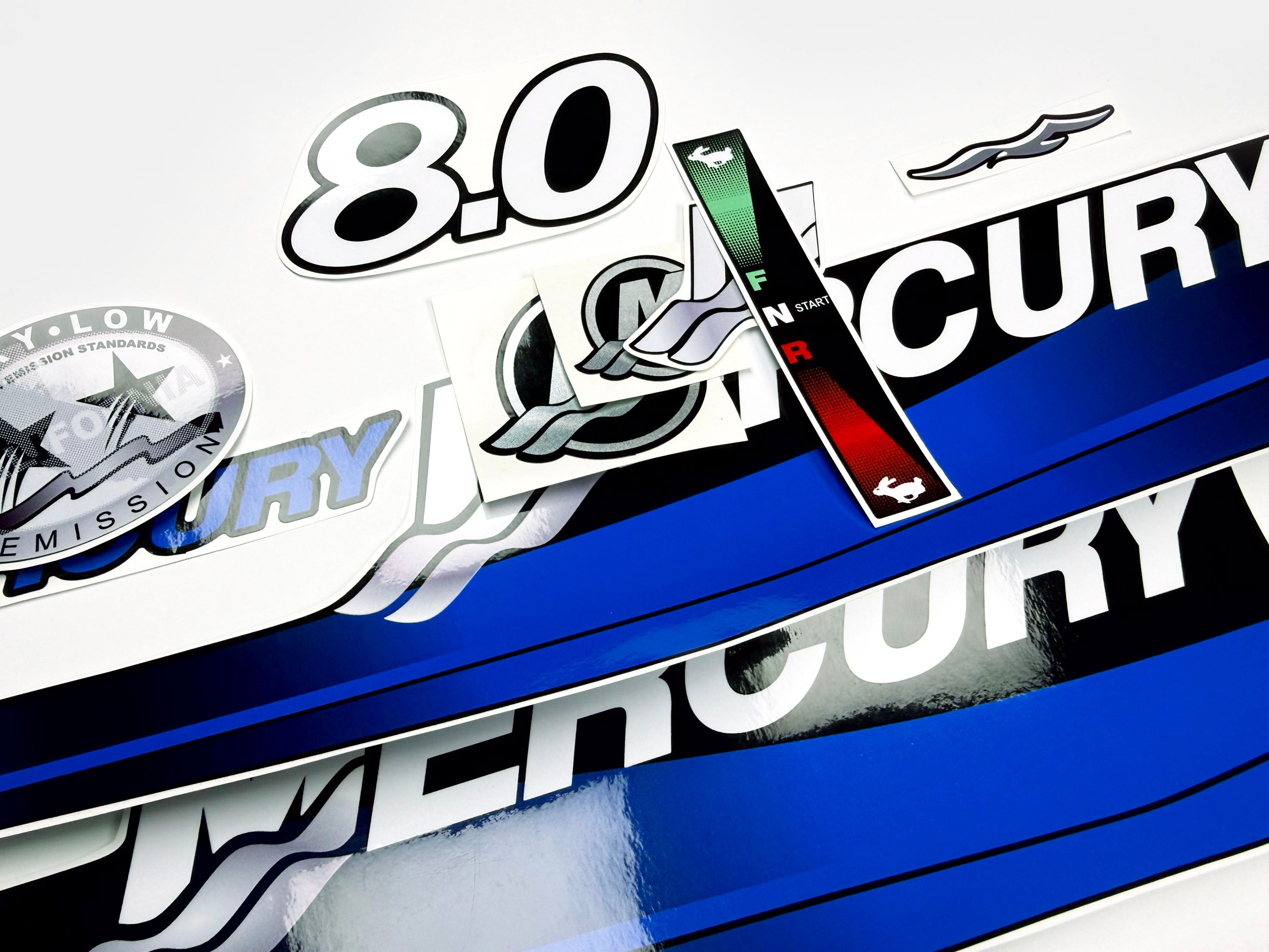 Vinyl graphic blue decals set suitable for Mercury 8 hp two stroke outboard engine. Vinyl blue stickers kit for Mercury 8 hp  Handmade