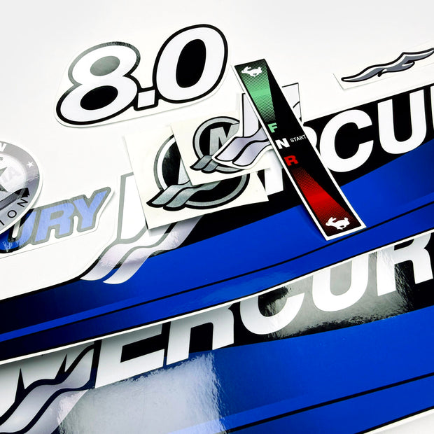 Vinyl graphic blue decals set suitable for Mercury 8 hp two stroke outboard engine. Vinyl blue stickers kit for Mercury 8 hp  Handmade