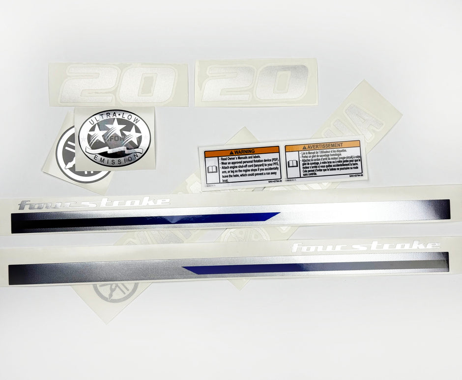 Vinyl graphic metalized silver shimmer decals set suitable for Yamaha 20 hp four stroke outboard engine. Vinyl stickers kit for Yamaha 20 hp four stroke Handmade