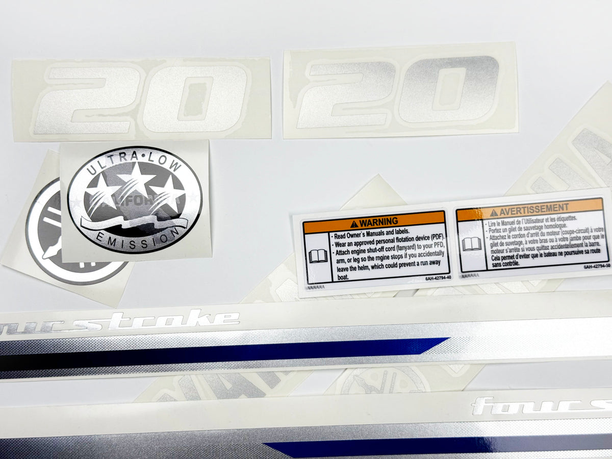 Vinyl graphic metalized silver shimmer decals set suitable for Yamaha 20 hp four stroke outboard engine. Vinyl stickers kit for Yamaha 20 hp four stroke Handmade