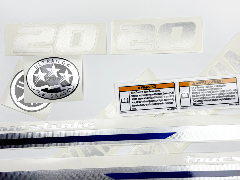 Vinyl graphic metalized silver shimmer decals set suitable for Yamaha 20 hp four stroke outboard engine. Vinyl stickers kit for Yamaha 20 hp four stroke Handmade