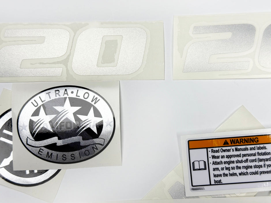Vinyl graphic metalized silver shimmer decals set suitable for Yamaha 20 hp four stroke outboard engine. Vinyl stickers kit for Yamaha 20 hp four stroke Handmade