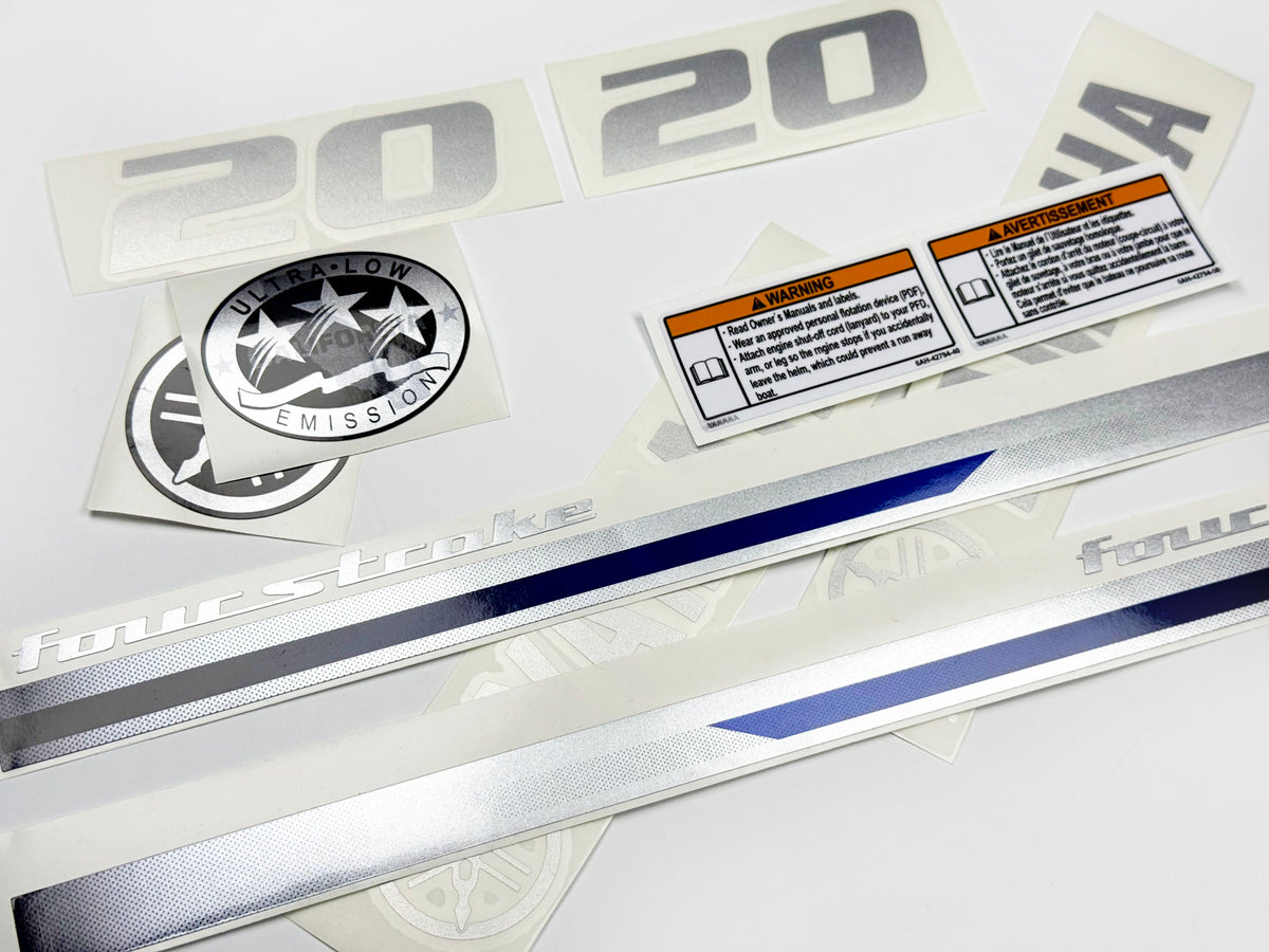 Vinyl graphic metalized silver shimmer decals set suitable for Yamaha 20 hp four stroke outboard engine. Vinyl stickers kit for Yamaha 20 hp four stroke Handmade