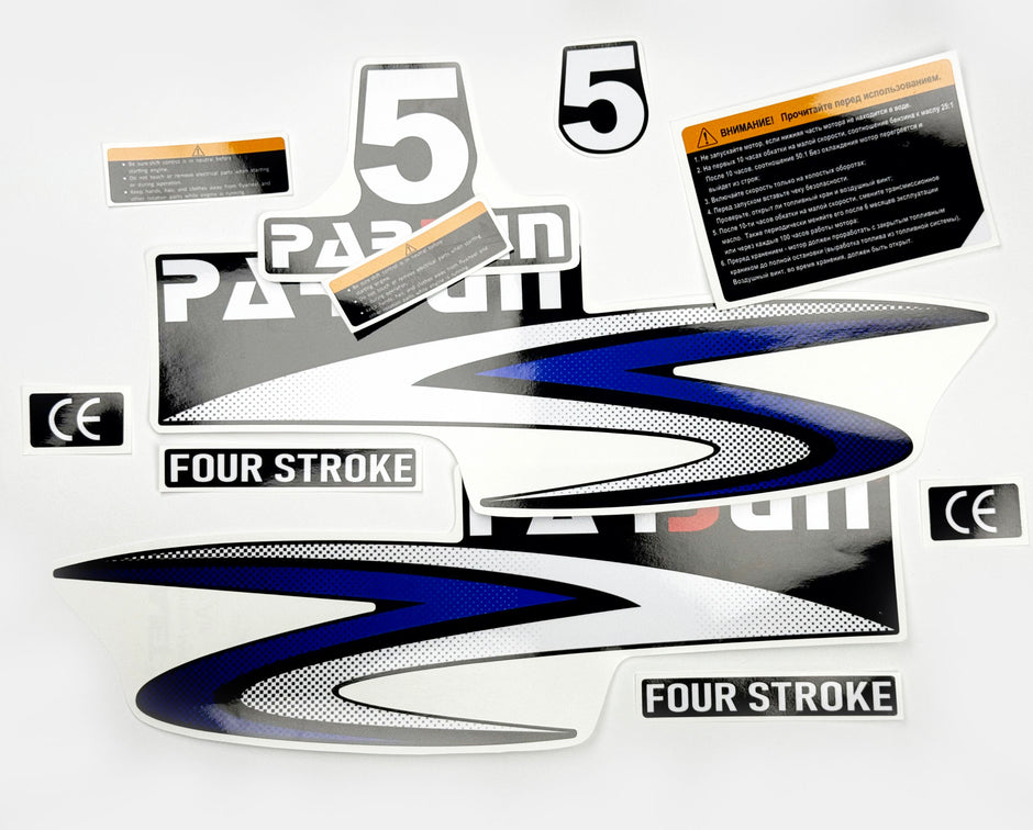 Vinyl graphic decals set suitable for Parsun 5 hp four stroke outboard engine. Vinyl stickers kit for Parsun 5 hp four stroke Handmade