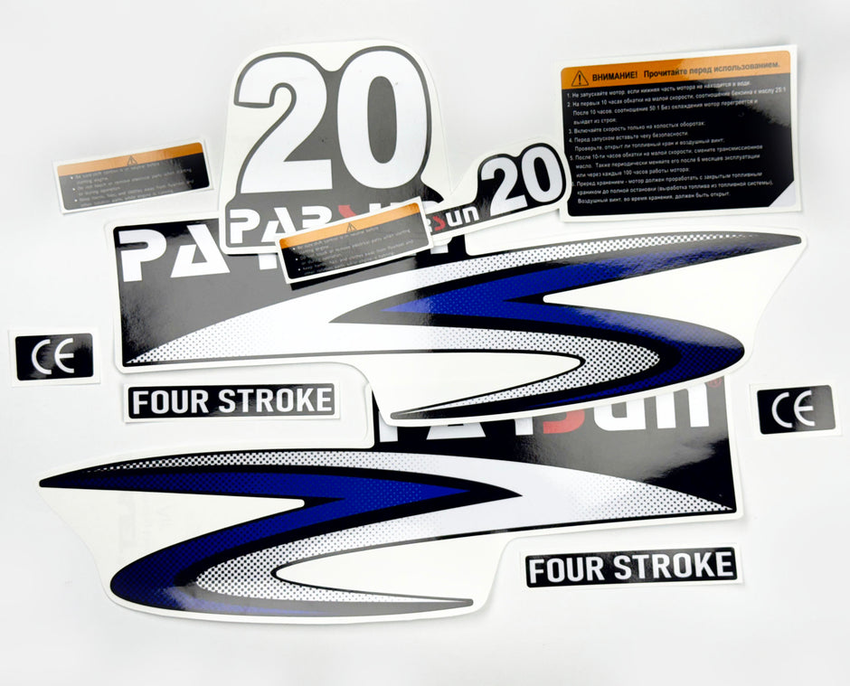 Vinyl graphic decals set suitable for Parsun 20 hp four stroke outboard engine. Vinyl stickers kit for Parsun 20 hp four stroke Handmade